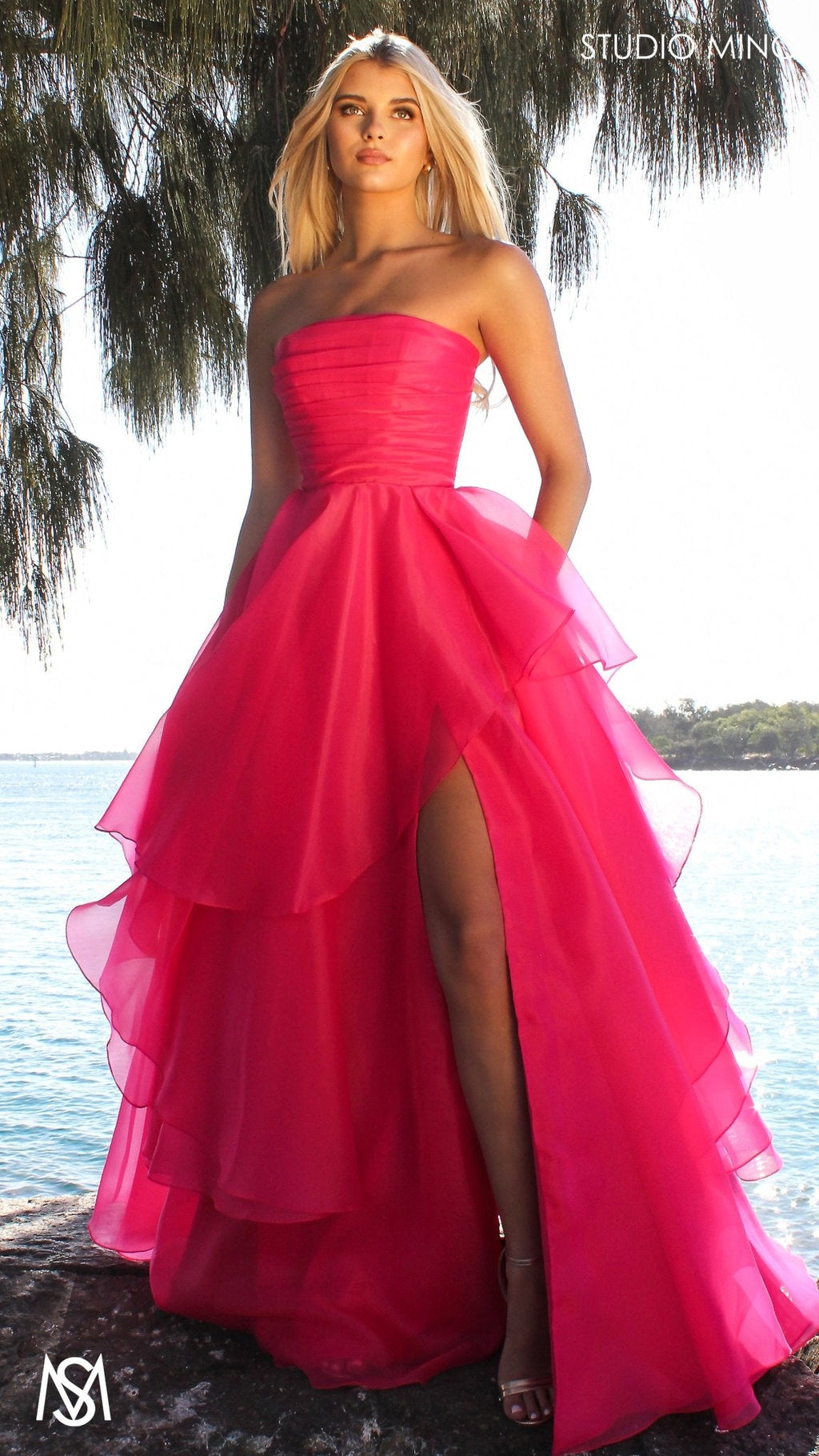 Monaco - Hot Pink Formal Dress | Strapless Corset, Organza layered handkerchief skirt, leg slit