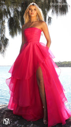Monaco - Hot Pink Formal Dress | Strapless Corset, Organza layered handkerchief skirt, leg slit