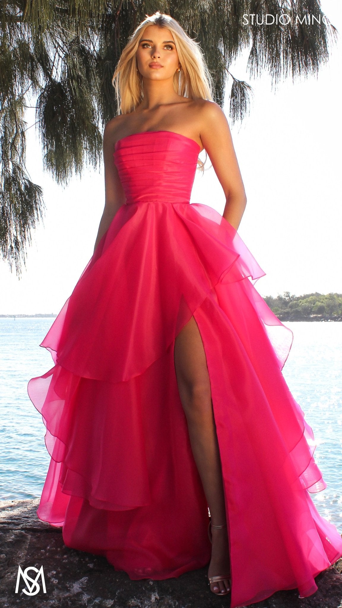 Monaco - Hot Pink Formal Dress | Strapless Corset, Organza layered handkerchief skirt, leg slit