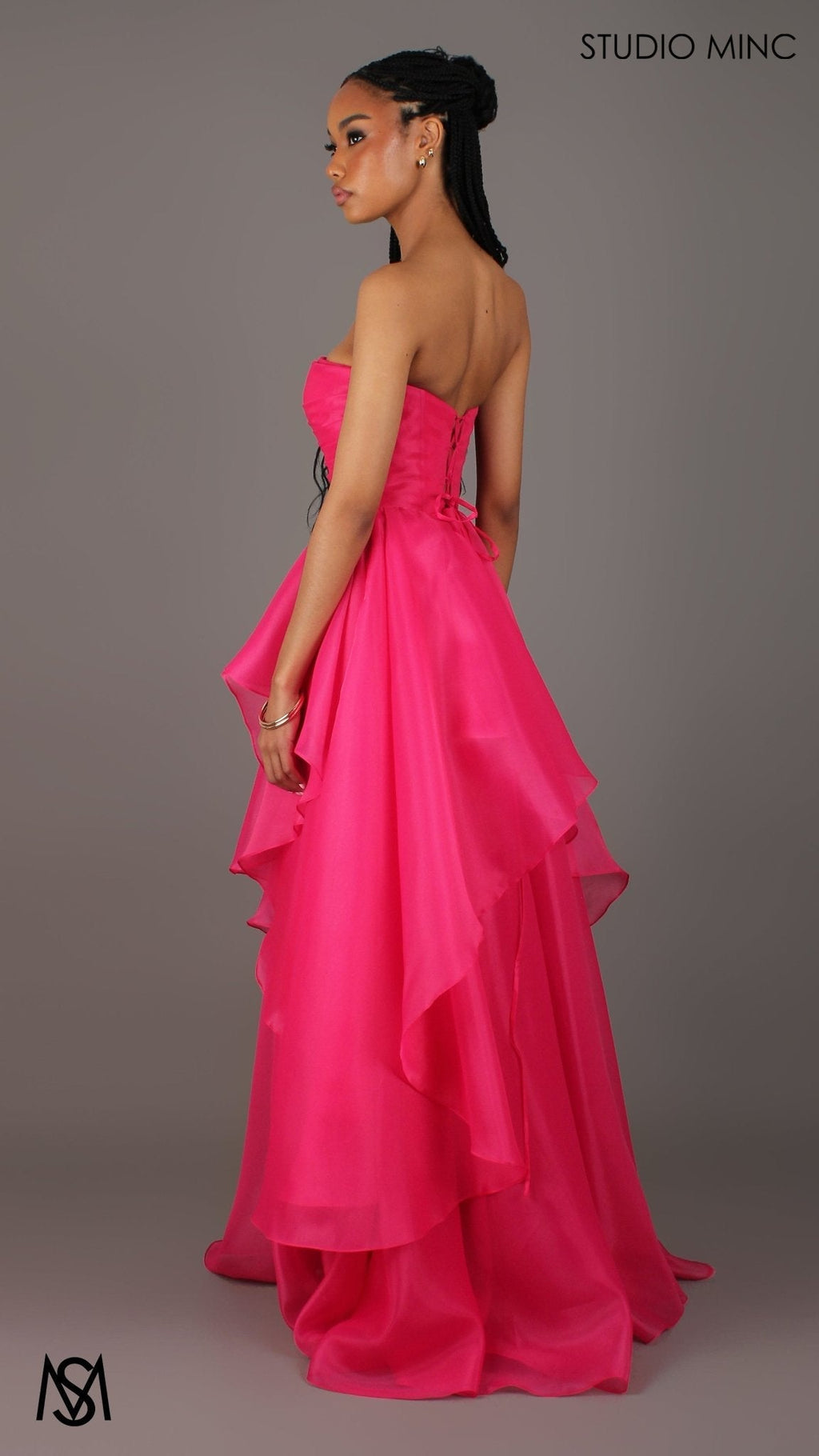 Monaco - Hot Pink Formal Dress | Strapless Corset, Organza layered handkerchief skirt, leg slit
