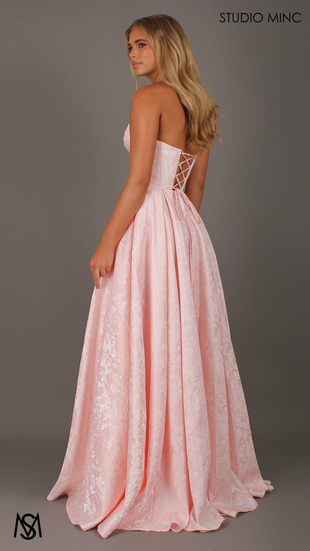 POSIE - Light pink Formal Dress, Strapless Basque waist Corset Beaded Bra Cups, Satin embossed floral Gown