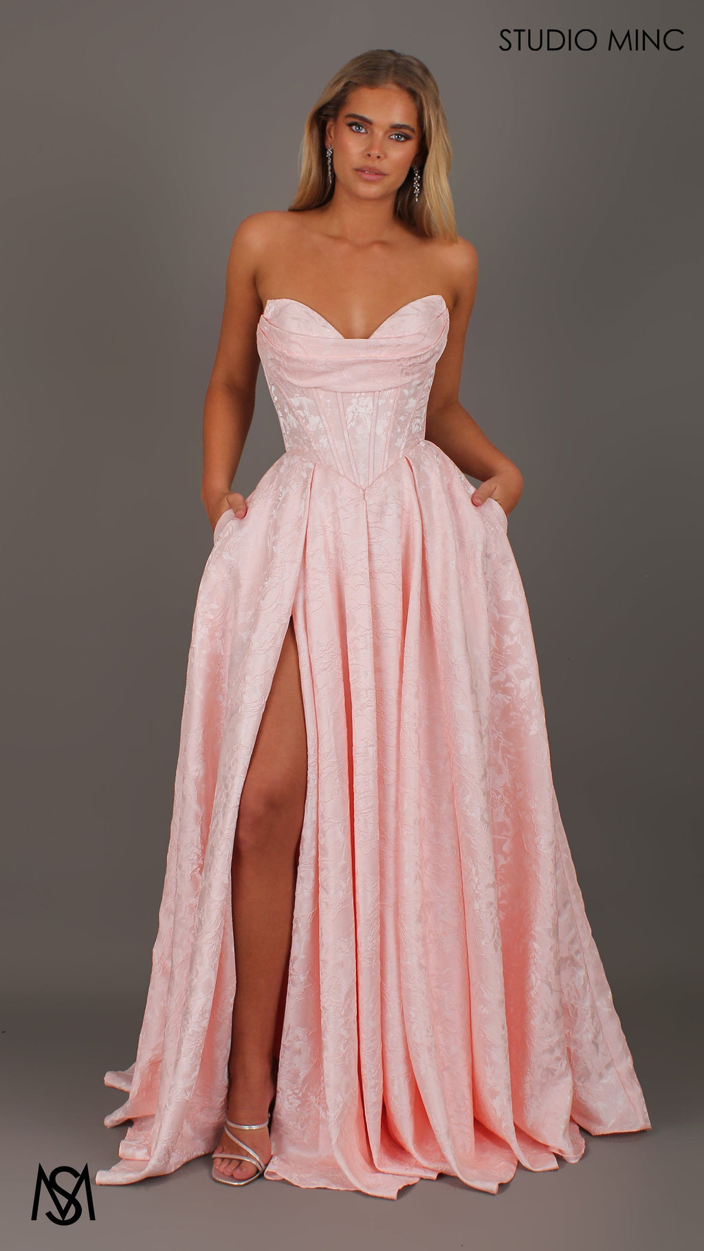 POSIE - Light pink Formal Dress, Strapless Basque waist Corset Beaded Bra Cups, Satin embossed floral Gown