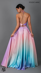SUNSET PINK - Multi Colour pink Formal Dress, Satin High Neck Plunge & Backless