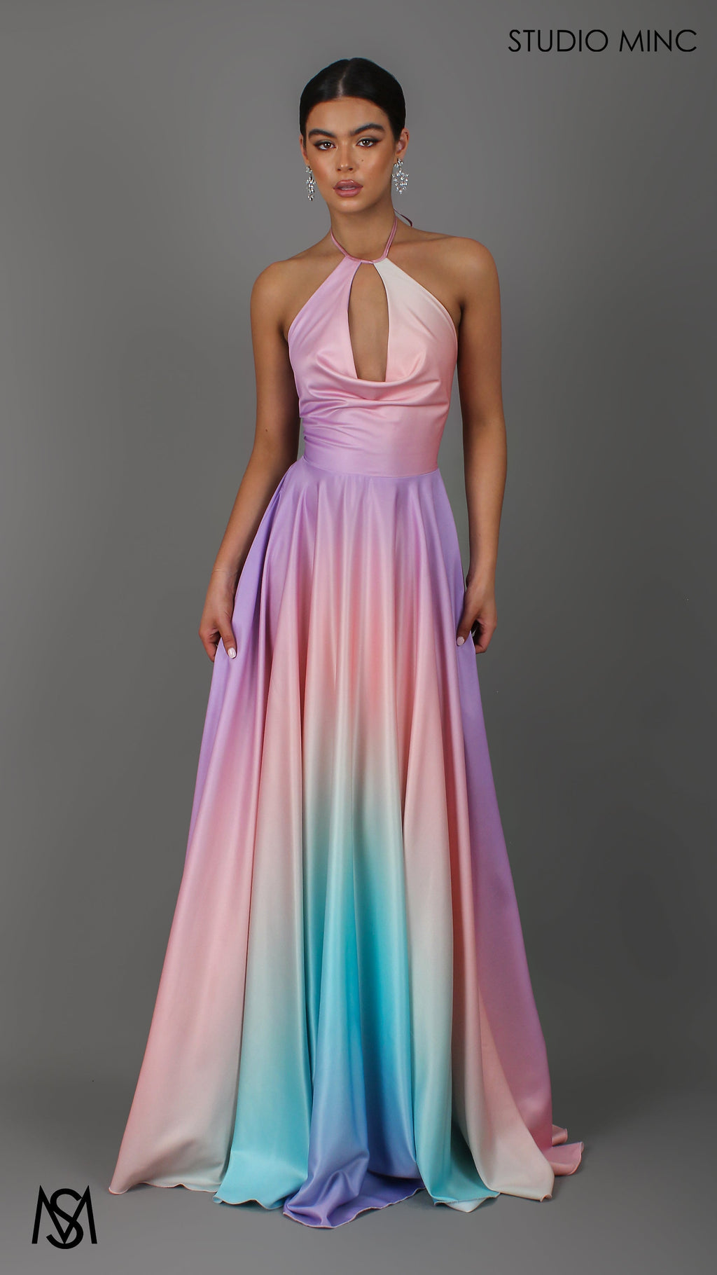 SUNSET PINK - Multi Colour pink Formal Dress, Satin High Neck Plunge & Backless