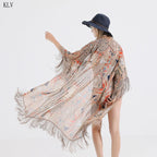 White fringed tassels kimono bikini cover-up from 64b136-1e, featuring lightweight fabric and boho chic style for swimwear.