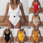 Colorful buckled one-piece swimsuit by 64b136-1e, featuring a stylish design and adjustable buckle detail.