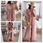 Colorful drawstring kimono beach cover-up by 64b136-1e, featuring lightweight fabric and stylish design for swimwear.