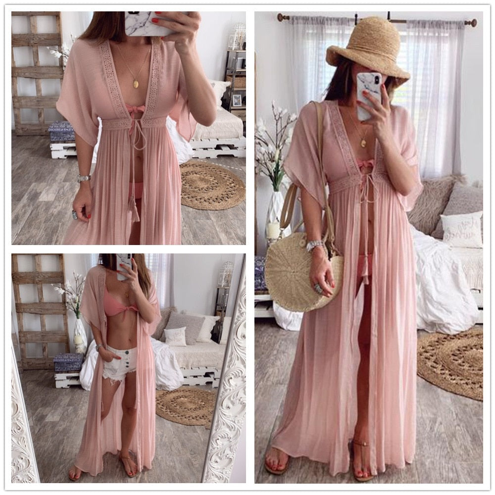 Drawstring Kimono Beach Cover Up - multiple colours