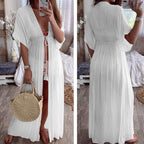 Colorful drawstring kimono beach cover-up by 64b136-1e, featuring lightweight fabric and open-front design for swimwear cover.