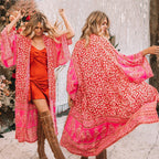 Red boho kimono cardigan, stylish bohemian tops by 64b136-1e, featuring flowing fabric and intricate patterns.