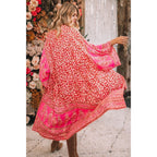 Boho red kimono cardigan top from 64b136-1e, featuring flowy fabric, wide sleeves, and a relaxed fit in vibrant red color.