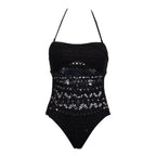 Black one-piece hollow swimsuit from 64b136-1e, showcasing stylish swimwear with cut-out design and sleek fit.