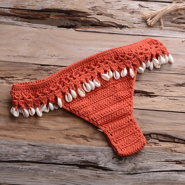 Crochet bikini with shell tassel detail, stylish swimwear from 64b136-1e, featuring a crochet top and matching bikini bottom with shell accents.