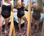 Black one-piece hollow swimsuit by 64b136-1e, featuring stylish cutouts and a sleek, form-fitting design for swimwear fashion.