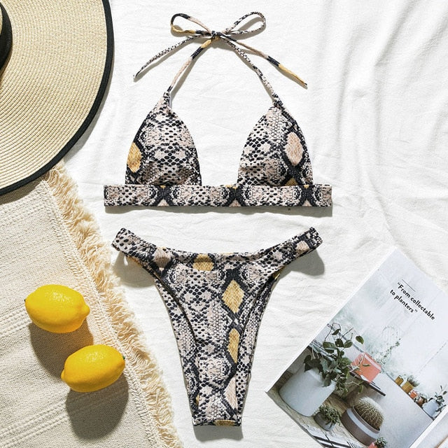 Snake print high cut bikini from 64b136-1e, featuring stylish swimwear with bold snake pattern and high leg design.