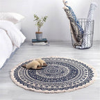 Boho style tassel beach rug with colorful woven pattern and fringed edges, perfect for outdoor relaxation and beach use.