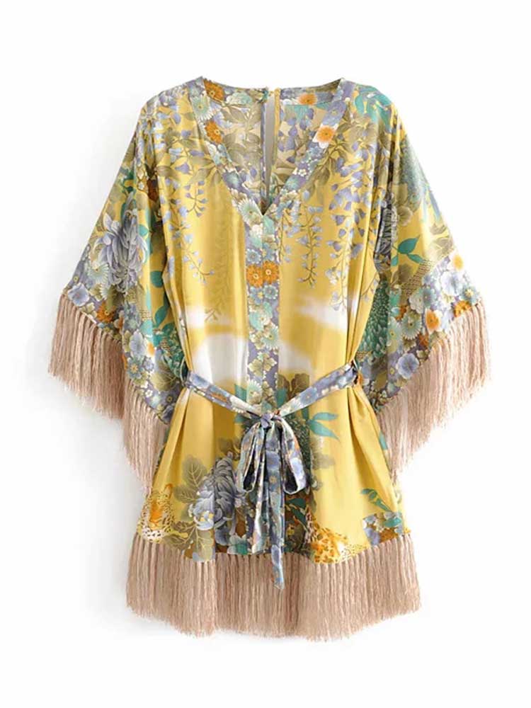 Kimono Mini Dress with Tassels