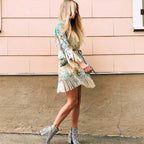 Light blue kimono mini dress with tassels, featuring a relaxed fit and flowy sleeves, from 64b136-1e.