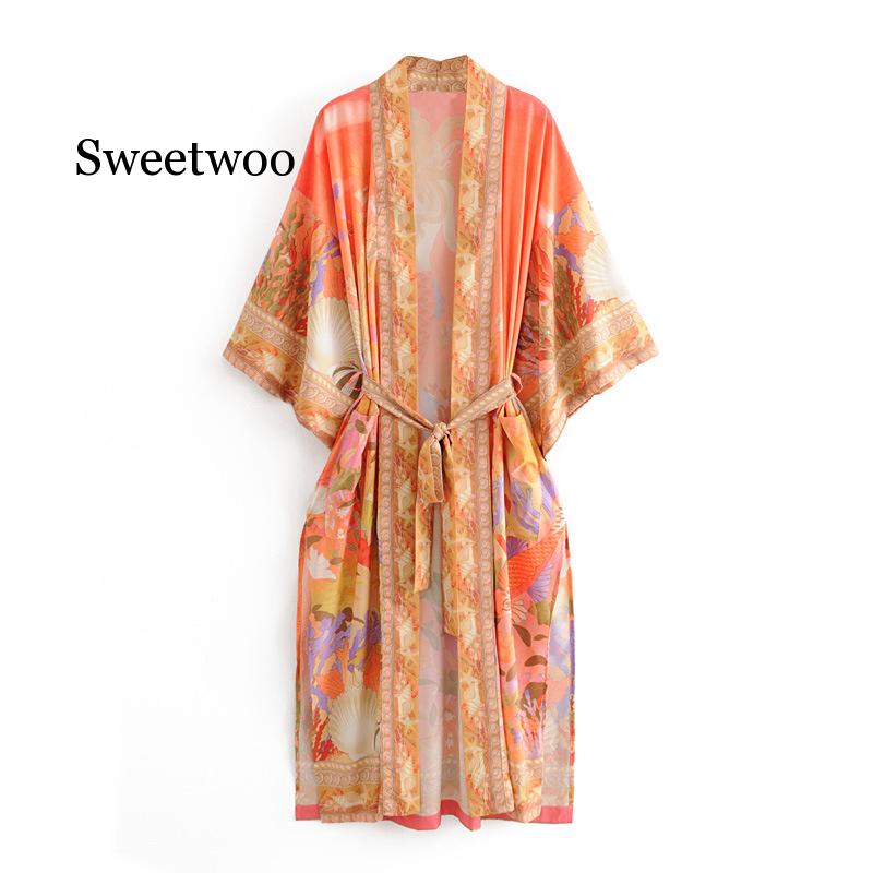 Floral Print Orange Kimono