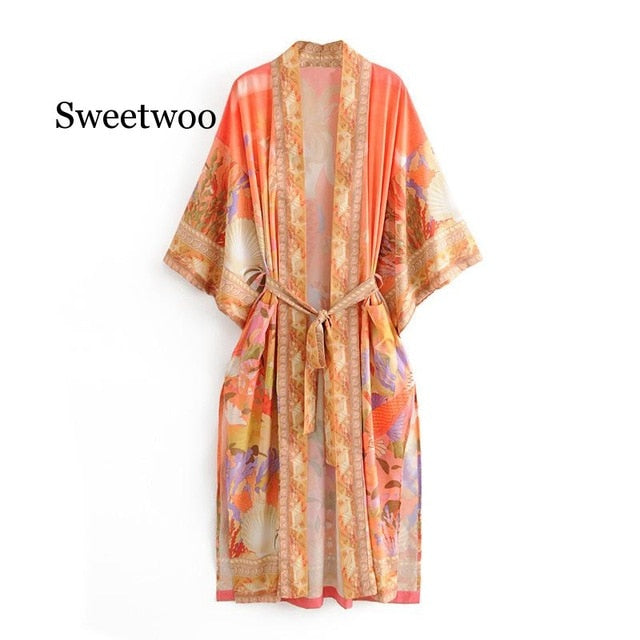 Floral Print Orange Kimono