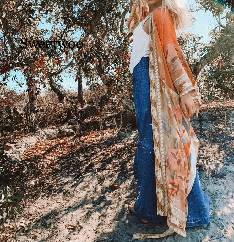 Floral Print Orange Kimono