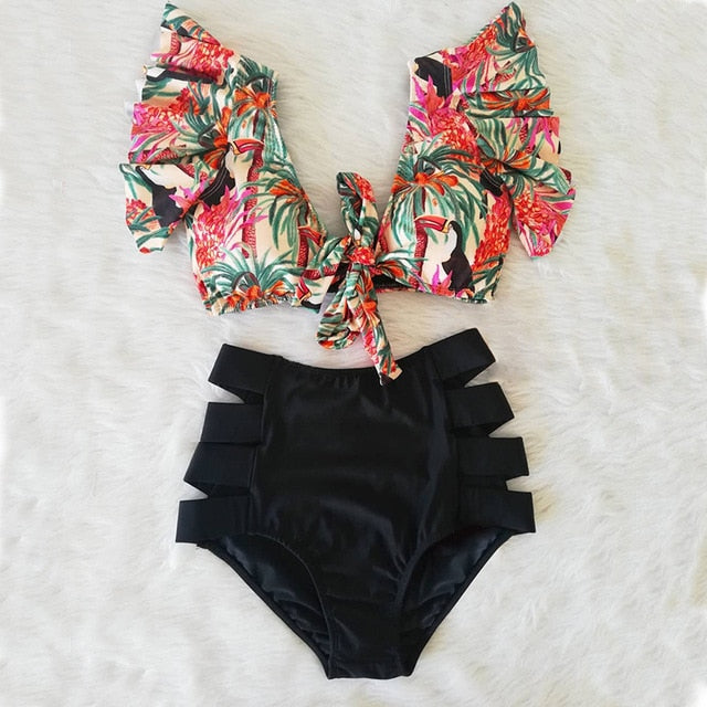 High Waist Floral Ruffle swimsuit -  multiple colors