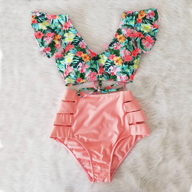 High Waist Floral Ruffle swimsuit -  multiple colors