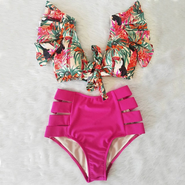 High Waist Floral Ruffle swimsuit -  multiple colors