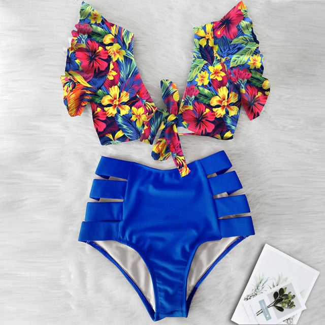 High Waist Floral Ruffle swimsuit -  multiple colors
