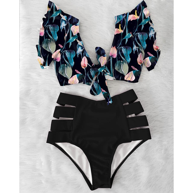 High Waist Floral Ruffle swimsuit -  multiple colors