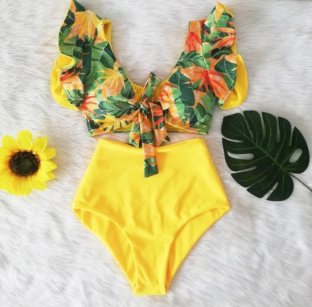 High Waist Floral Ruffle swimsuit -  multiple colors