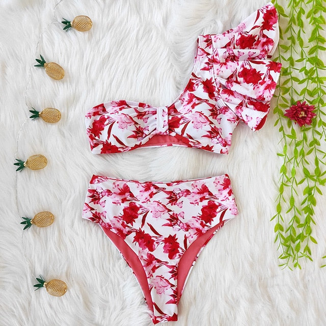 High Waist Floral Ruffle swimsuit -  multiple colors