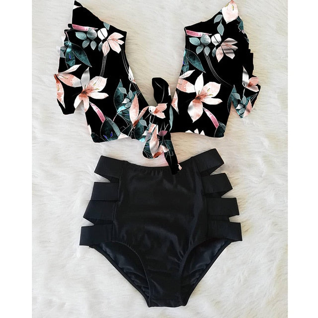 High Waist Floral Ruffle swimsuit -  multiple colors