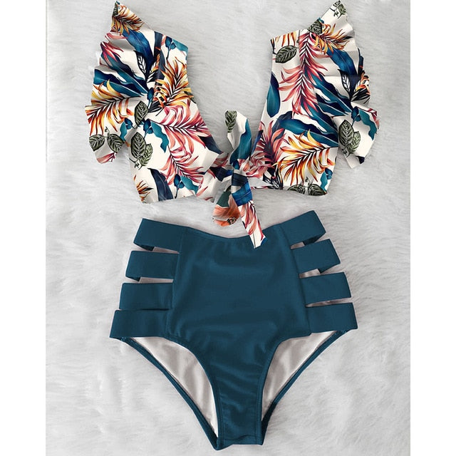 High Waist Floral Ruffle swimsuit -  multiple colors