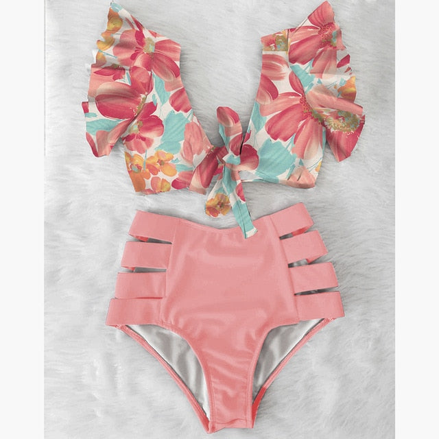 High Waist Floral Ruffle swimsuit -  multiple colors