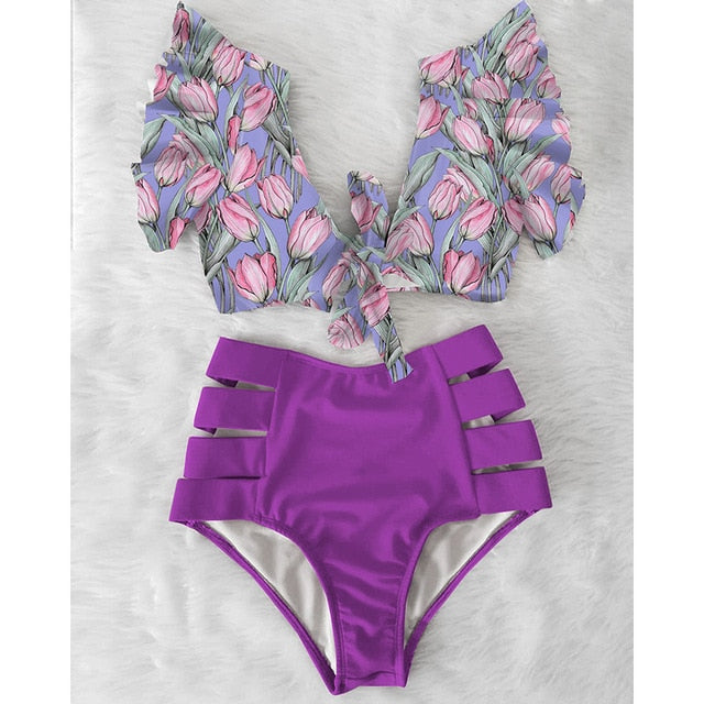 High Waist Floral Ruffle swimsuit -  multiple colors