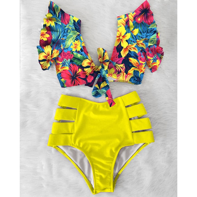 High Waist Floral Ruffle swimsuit -  multiple colors
