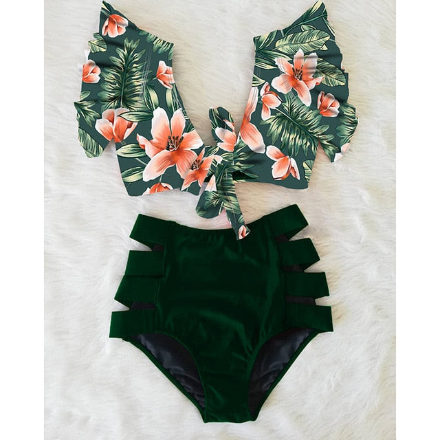 High Waist Floral Ruffle swimsuit -  multiple colors