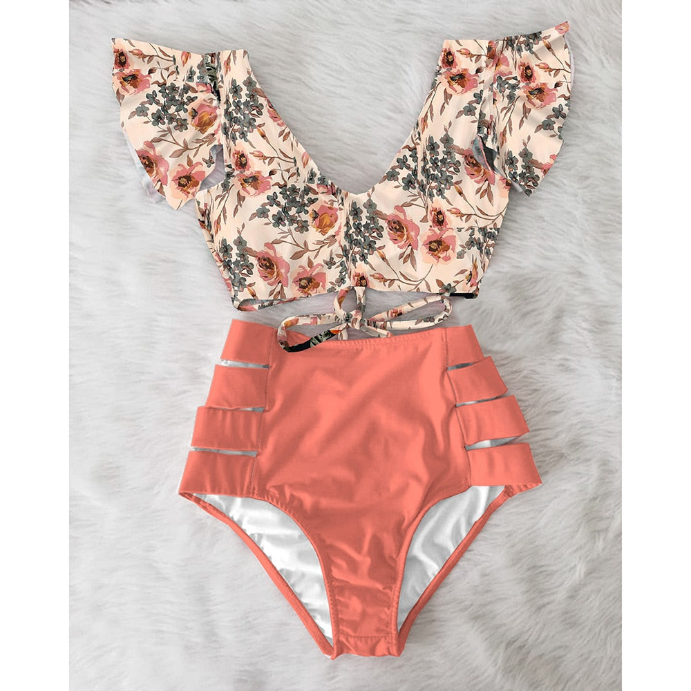 High Waist Floral Ruffle swimsuit -  multiple colors