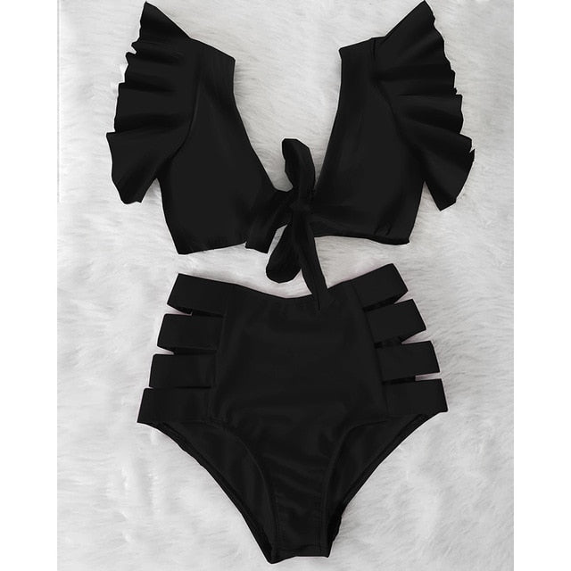 High Waist Floral Ruffle swimsuit -  multiple colors
