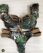Ruffle low waist bikini set in various prints, featuring a stylish swimwear design with ruffled details and adjustable straps.