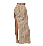 Crochet knitted maxi skirt with high slit, stylish bottoms by 64b136-1e, showing flowing fabric and intricate knit pattern.