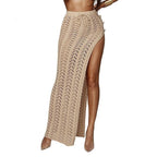 Crochet knitted maxi skirt with high slit, stylish bottoms by 64b136-1e, featuring intricate knit pattern and flowy design.