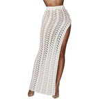 Crochet knitted maxi skirt with high slit, stylish bottoms from 64b136-1e, featuring intricate crochet patterns and flowy fabric.