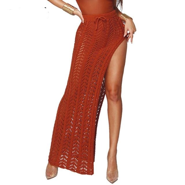Crochet knitted maxi skirt with high slit, beige color, from 64b136-1e, featuring intricate crochet details and flowy design.
