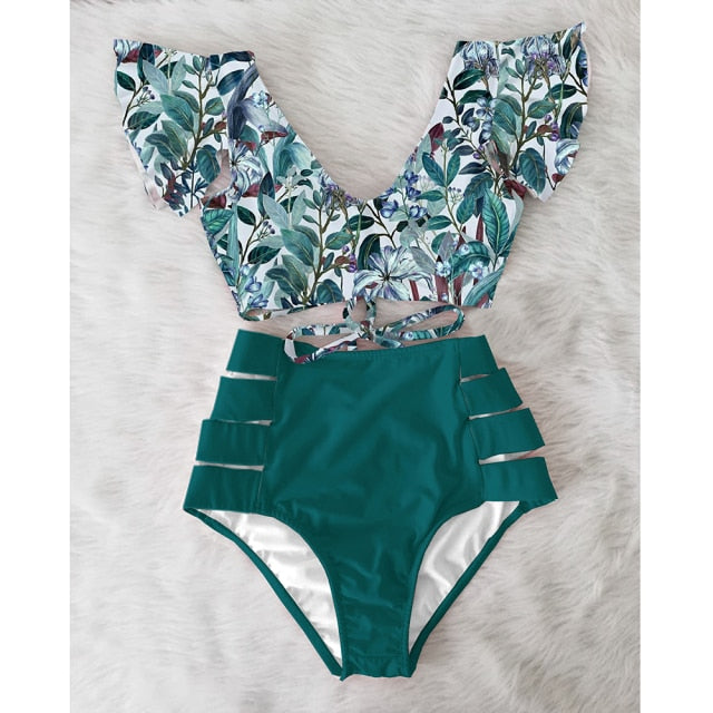 High Waist Floral Ruffle swimsuit -  multiple colors