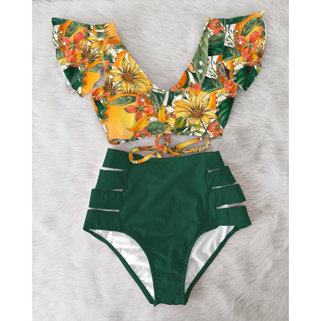High Waist Floral Ruffle swimsuit -  multiple colors