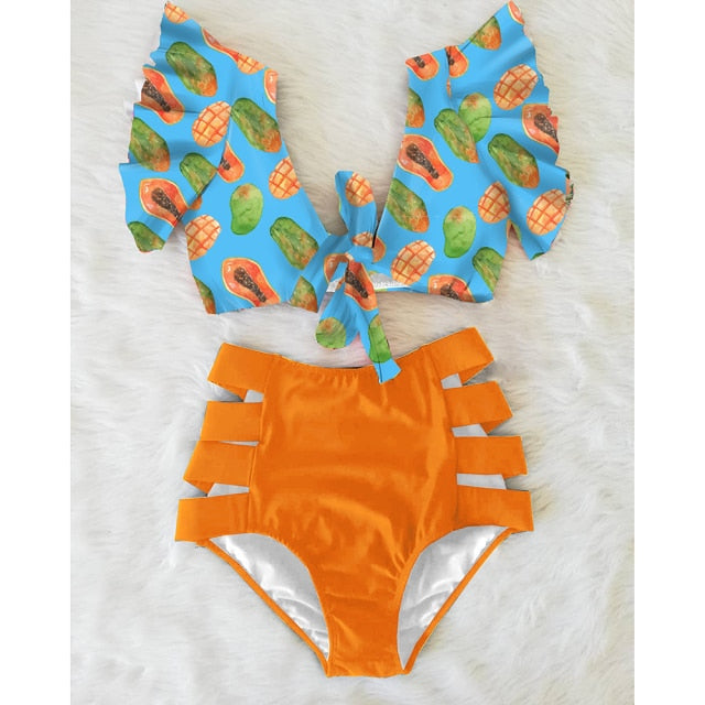 High Waist Floral Ruffle swimsuit -  multiple colors
