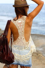 Beige lace V-neck beach cover-up swimsuit from 64b136-1e, featuring lightweight fabric and delicate lace details.