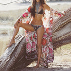 Light beige boho women's chiffon long kimono swimwear cover-up with flowy sleeves and relaxed fit.